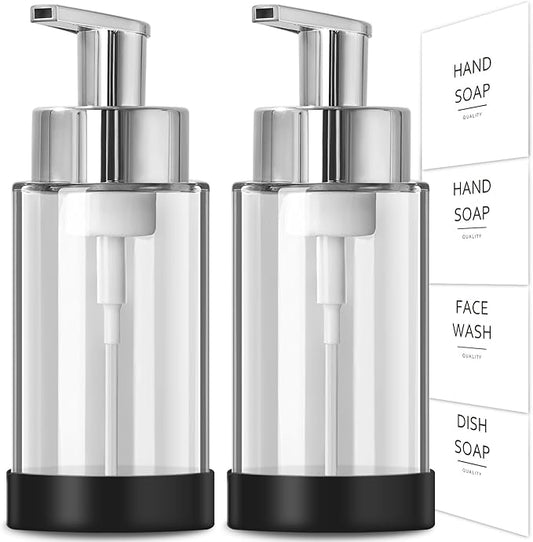 Glass Soap Dispenser, 10 oz/300ml Foaming Soap Dispenser, 2 Pack Foaming Hand Dispenser with 2 Non-Slip Silicone Bottom Sleeve, Clear Refillable Foam Soap Bottle with Silver Pump