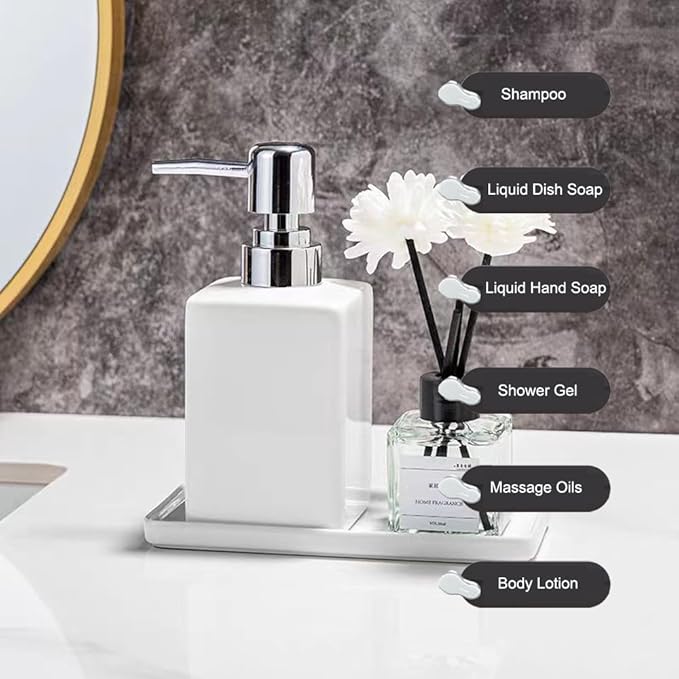 White Soap Dispenser and Toothbrush Holder with Tray,Ceramic Bathroom Accessories Set Modern Square Countertop Bath Set,Liquid Soap Dispenser,Tumbler Cup,Wooden Vanity Tray
