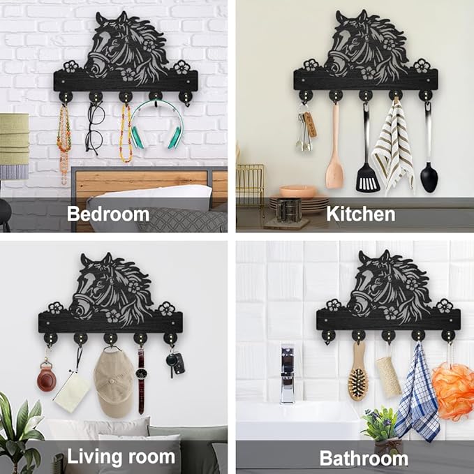 MAYJOYDIY Horse Flower Wood Key Holder for Wall 11.8x7.8inch Farm Animal Key Hooks Hat Organizer Rack with 5 Alloy Hooks for Entryway Front Door Kitchen Office Decor