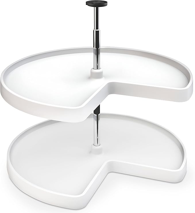 Rev-A-Shelf 2 Tier Kidney Cut Lazy Susan for Corner Base Cabinets, Plastic, 28" Double Shelf Swivel Kitchen Spice/Can Organizer, White, 3472-28-11-52