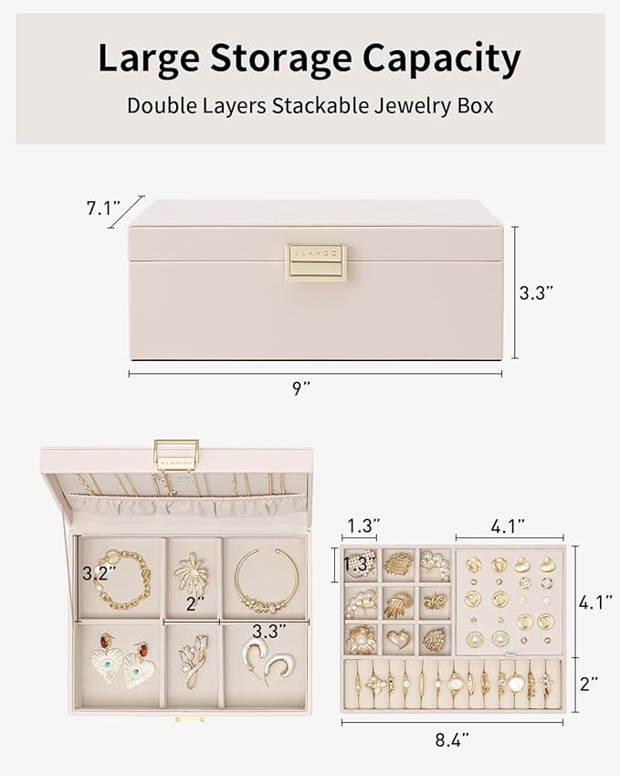 Vlando 2 Layer Jewelry Box Large Jewelry Organizer for Women Removable Jewelery Tray for Necklace Earrings Rings Bracelets Christmas Gifts for Mom Wife (Light Pink)