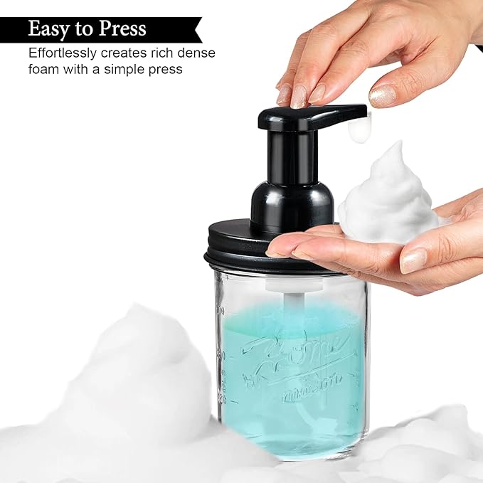 SheeChung Mason Jar Foaming Soap Dispenser, Glass Foaming Hand Soap Dispensers, Stainless Steel Lid, Refillable Foam Soap Dispenser for Bathroom Kitchen, Farmhouse Bathroom Decor (1 Pack, Black)