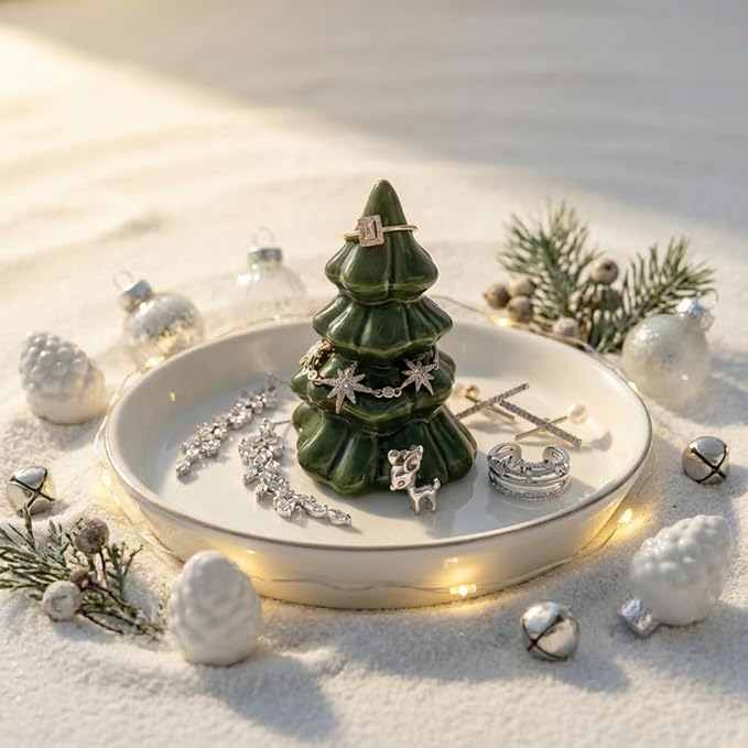 Forest Green Christmas Tree Ring Dish â Ceramic Jewelry Holder for Kitchen Sink or Vanity â Aesthetic Holiday Decor, Xmas Tree Trinket Tray, Birthday or Christmas Gifts for Women