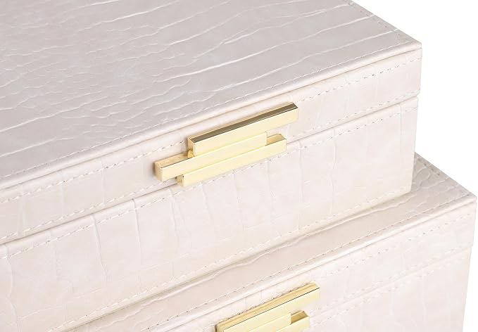 HofferRuffer Square Decorative Boxes, Set of 2 Nesting Storage Memory Keepsake Boxes with Lids, Stylish PU Leather Trinket Jewelry Organizer Box for Home Decor and Storage (CreamWhite Croco)