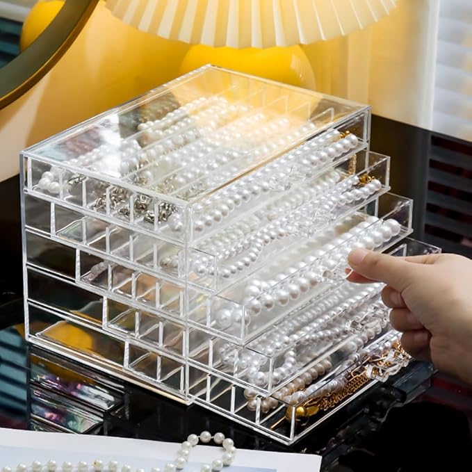 Necklace Box Necklace Holder Organizer, Acrylic Necklace Organizer Box Clear Necklace Display Jewelry Tray with Transparent Lid Jewelry Display Box for Necklace (Clear White, 5 Drawer 30 Girds)