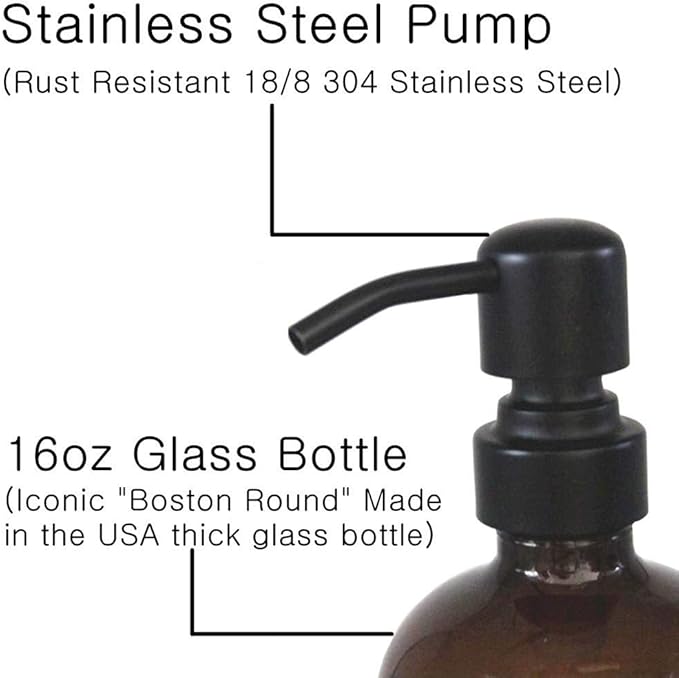 2 Pack Thick Amber Glass Pint Jar Soap Dispenser with Matte Black Stainless Steel Pump, 16ounce Boston Round Bottles Dispenser with Rustproof Pump for Essential Oil, Lotion Soap