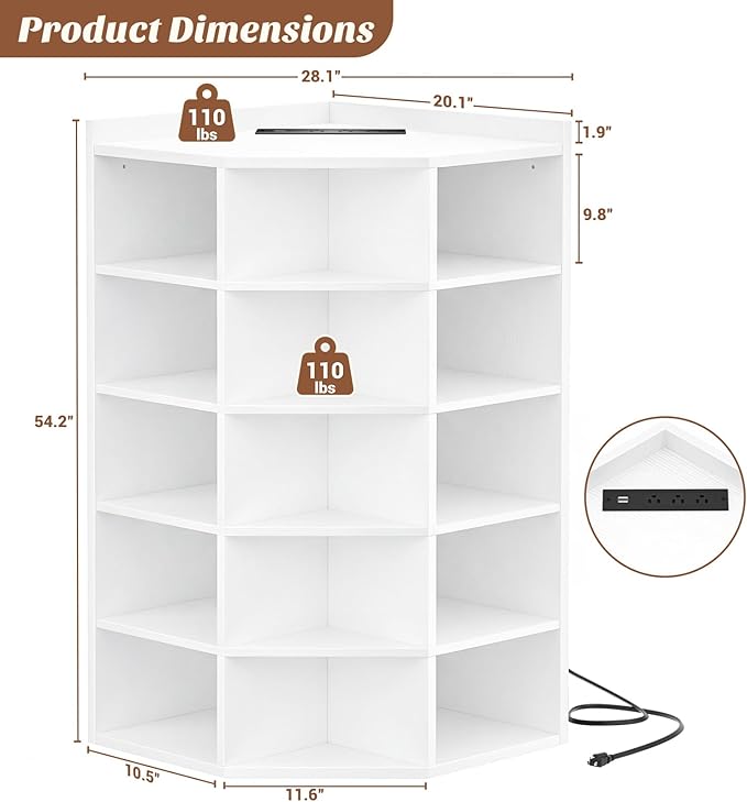 Aheaplus Corner Cabinet, 6-Tier Corner Bookshelf with Power Outlets, Corner Cube Storage Shelf with Top Table, Wooden L Cubby Toy Storage with 15 Cubes for Home Office, Bedroom, Living Room, White