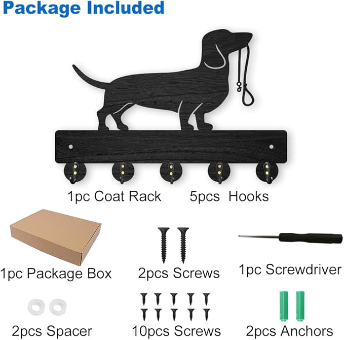 MAYJOYDIY Wood Coat Rack 11.8x8inch Pet Animal Key Holder Hooks Wall Key Rack with 5 Alloy Hooks Dog Leash Holder Wall Art Decor for Dog Lover Gift Entryway Farmhouse Porch