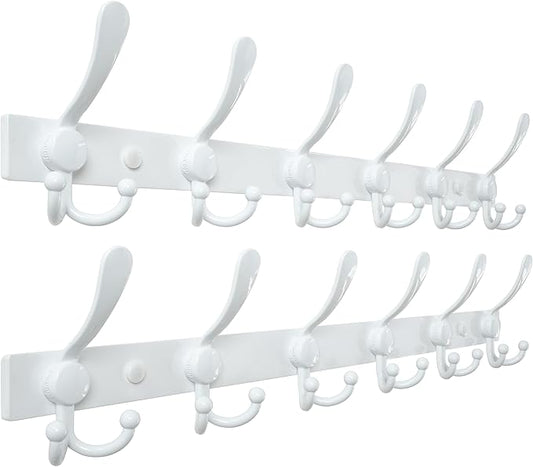 Dseap Coat Rack Wall Mount 2.0 Pro: 24” Long, 3X Tougher, Heavy Duty Stainless Steel Wall Coat Hanger with 6 Tri Hooks for Clothes Jackets Hats Entryway Closet, White, Pack of 2