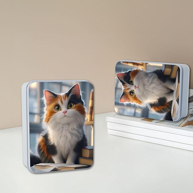 Metal Tin Box with Lid,Multi-functional Storage Box Can Store Tea Biscuits Game Cards, Playing & Tarot Cards-Comes with 4 Magnetic Cord Clips,Calico Cat with Books