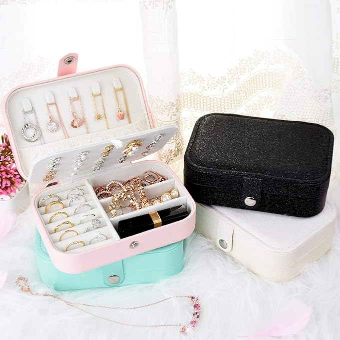 jiemei Jewelry Box, Travel Jewelry Organizer Cases with Doubel Layer for Women’s Necklace Earrings Rings and Travel Accessories(Pink)