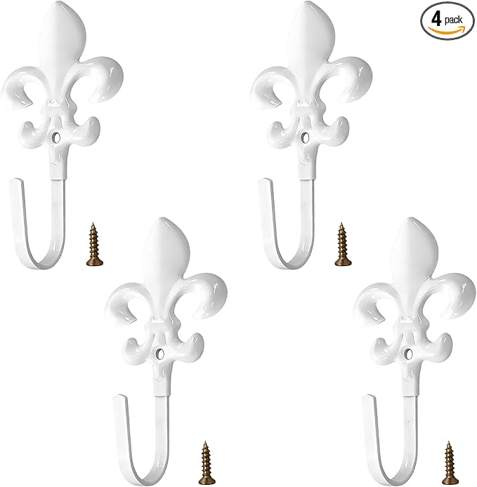 4 Pack Vintage French Fleur De Lis Decorative Wall Hooks, Heavy Duty Metal Curtain Tie Backs for Hanging Coats, Towels, and Robes, Wall Mounted Hangers for Entryway & Bathroom (White)