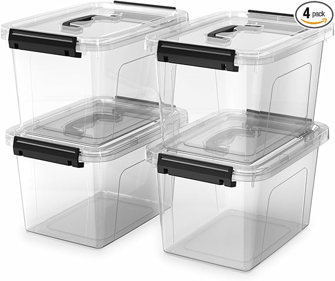 4 Pack Plastic Storage Bins with Lids and Handle, Clear Plastic Latching Box for Storage, Stackable Storage Containers for Organizing, 5 Quart