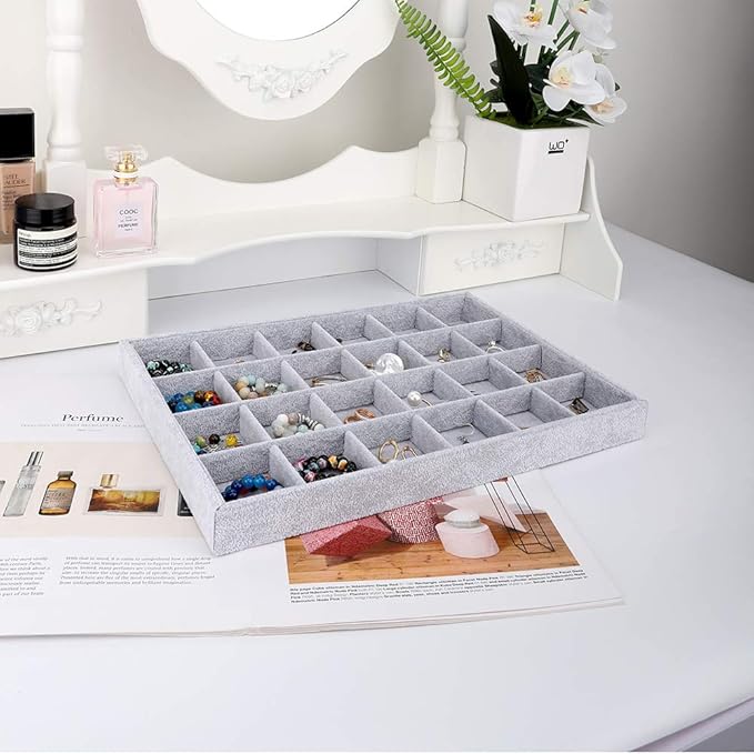 Emibele Jewelry Organizer, 24 Grids Necklace Pendant Organizer Watch Storage Rings Earrings Bracelet Organizer Tray Showcase Display Velvet Stackable Jewelry Storage - Grey