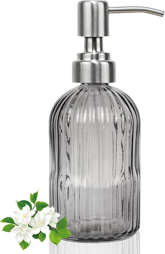 14Oz Gray Soap Dispenser Bathroom, Clear Glass Hand Soap Dispensers with Stainless Steel Pump, Refillable Dish Soap Dispenser for Kitchen, Countertop Soap Dispensers