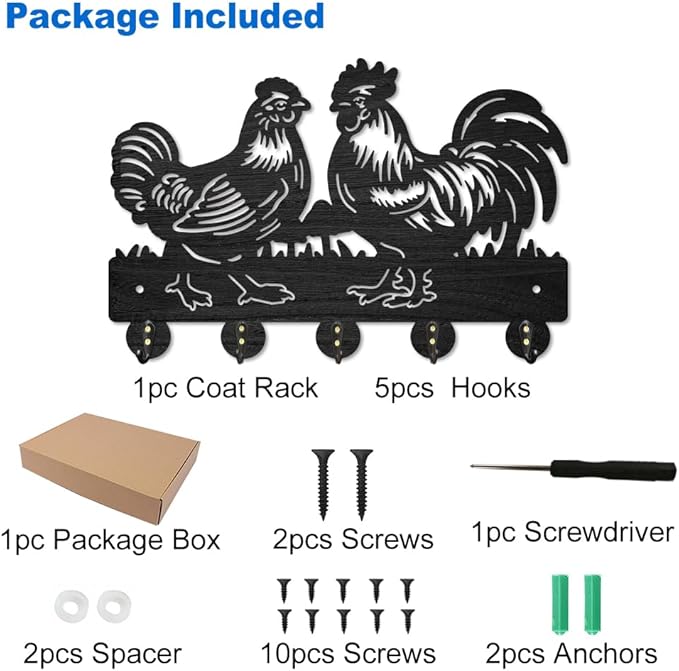 MAYJOYDIY Rooster Hen Coat Hooks Wall Mount Wood Farmhouse Animal Mushroom Key Holder for Wall 11.8×7.9inch Decorative Key Rack 5 Alloy Hooks for Gift Hallway Entryway Kitchen Farm Decor