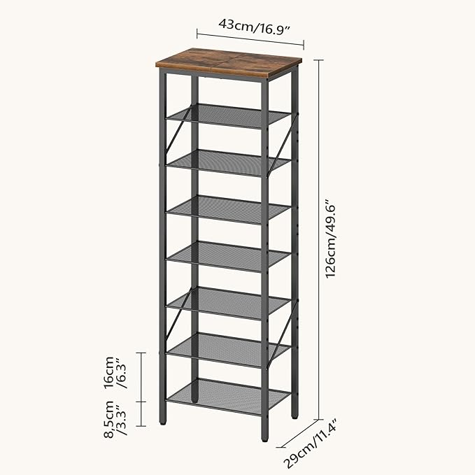 8-Tier Narrow Shoe Rack, Vertical Shoe Storage Organizer, for 8-16 Pairs, Shoe Shelf with Metal Frame, for Hallway, Entryway, Living Room, Rustic Brown and Black SRHR08401