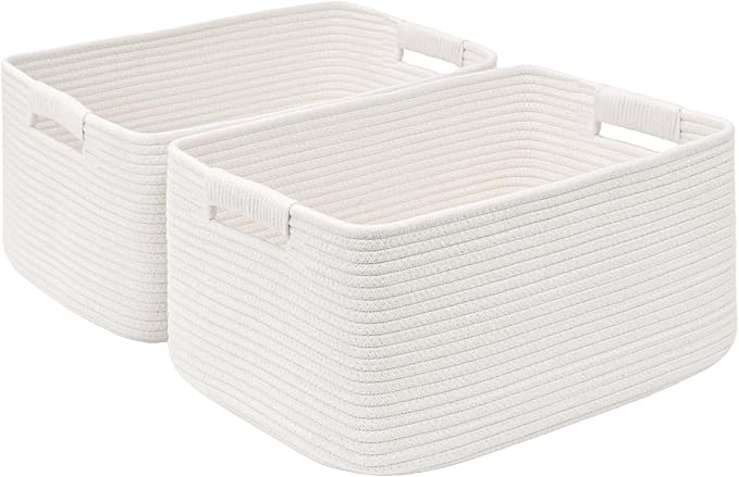 2 Pack Large Storage Basket for Organizing, 17"x12"x7.5" Woven Basket for Shelves, Closet Cube Storage Bins with Wrapped Handle, Cotton Rope Baskets for Kitchen, Clothes, Toys(Off White)