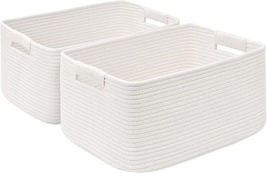 2 Pack Large Storage Basket for Organizing, 17"x12"x7.5" Woven Basket for Shelves, Closet Cube Storage Bins with Wrapped Handle, Cotton Rope Baskets for Kitchen, Clothes, Toys(Off White)