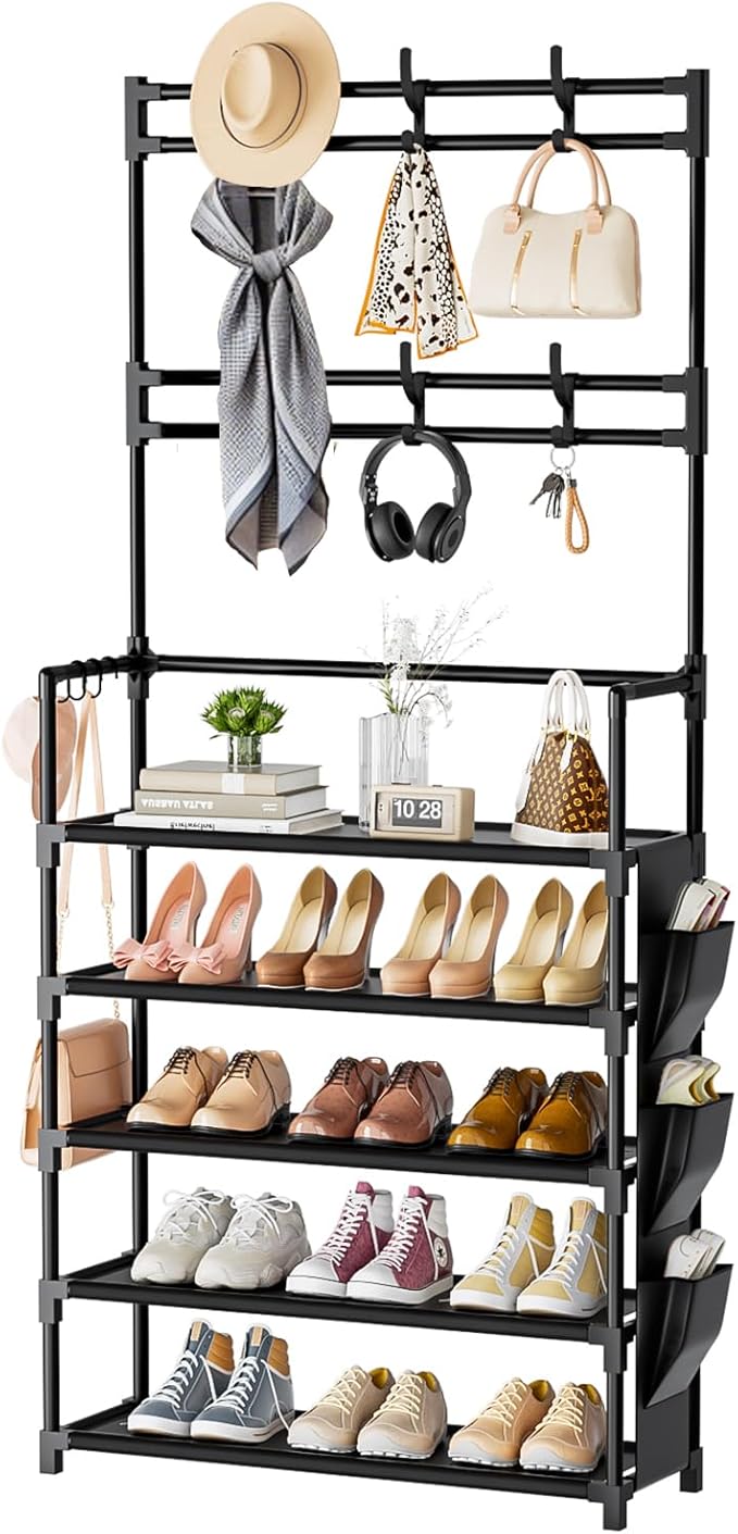 Shoe Rack 5 Tier Shoe Organizer Storage 15-20 Pairs Shoes Rack for Closet Entrance Shoe Rack Organizer with Hooks and Side Pocket Entryway Shoe Holder Space Saving Free Standing Shoe Racks