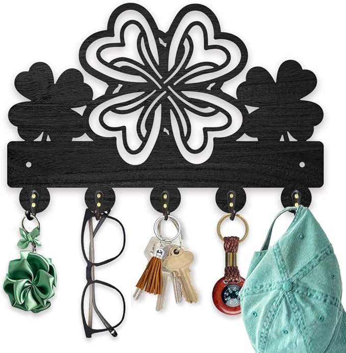 MAYJOYDIY Lucky Clover Key Holder for Wall 11.8x7.8inch Four Leaf Clover Key Hooks St.Patrick's Day Wood Key Hanger Rack with 5 Alloy Hooks for Entryway Front Door Kitchen Decor