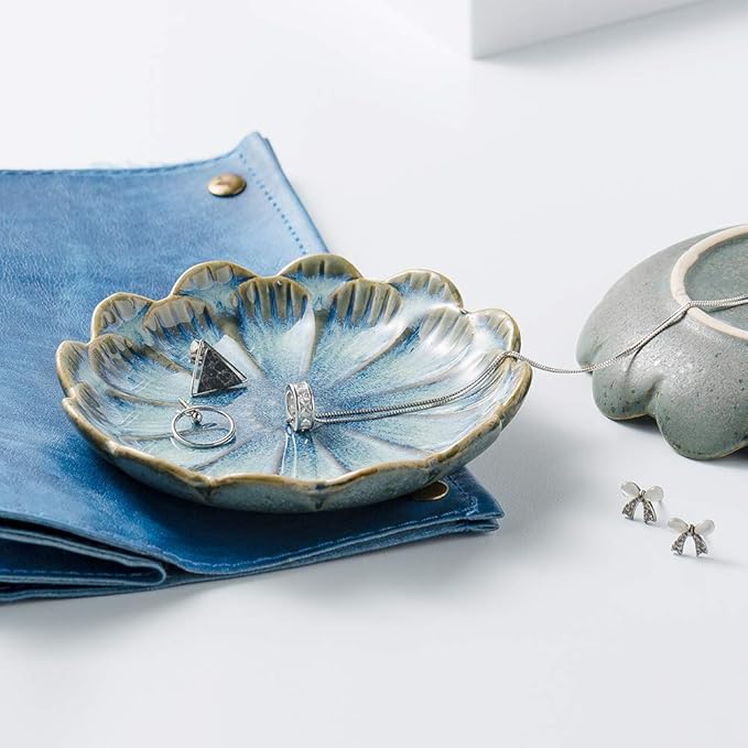 ring holder, flower shape decorative earring stand, jewelry tray, key bowl, trinket dish for women and friends, flower blue