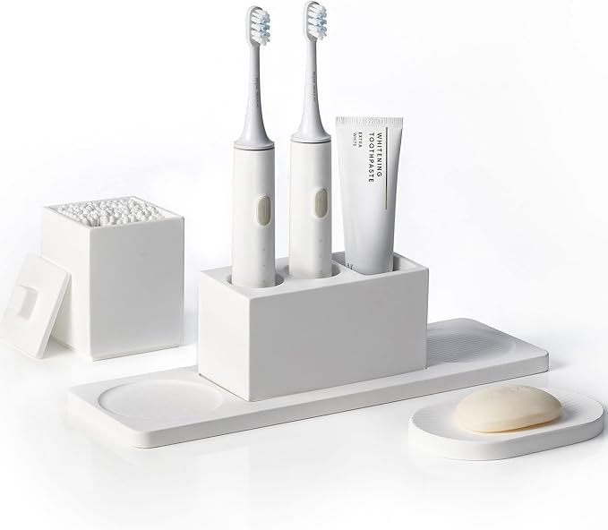 Ceramic Toothbrush Holders for Bathrooms, White Bathroom Accessories Diatomite, Electric Toothbrush Holder Countertop with Toothbrush Holders, Soap Dish Set