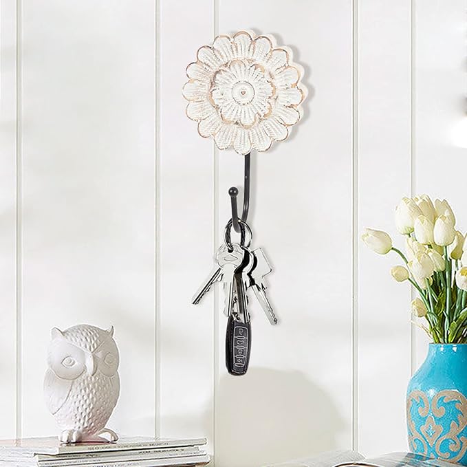 Distress Wood Flower Coat Hooks for Wall Hanging, Single Small Vintage Decorative Hanger for Keys, Bags, Towels (Long Hanger)