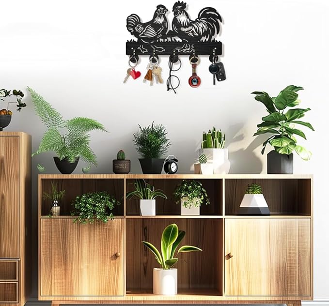 MAYJOYDIY Rooster Hen Coat Hooks Wall Mount Wood Farmhouse Animal Mushroom Key Holder for Wall 11.8×7.9inch Decorative Key Rack 5 Alloy Hooks for Gift Hallway Entryway Kitchen Farm Decor