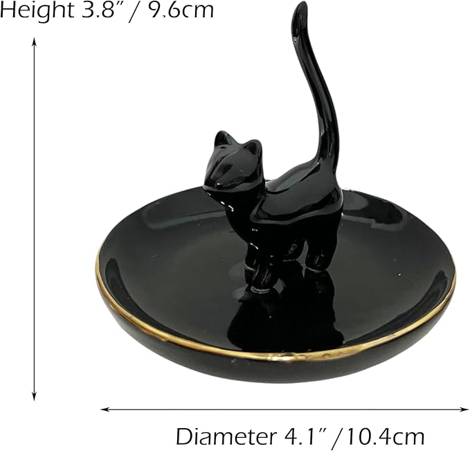 ROSA&ROSE Cat Ring Holder Trinket Tray Ceramic Jewelry Dish Porcelain Ring OrganizerâGift for Women,Girlfriend,Wife,Birthday or Anniversary (Black)