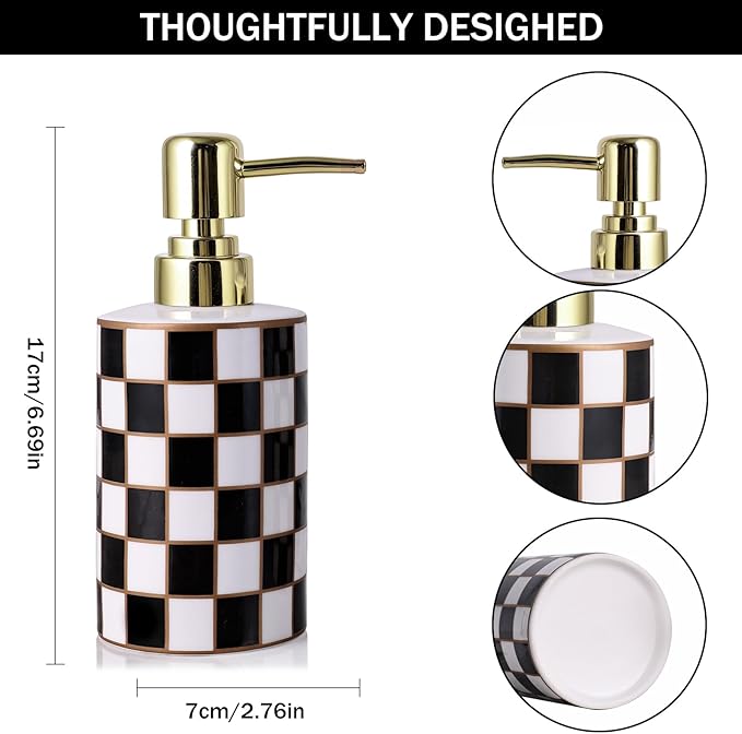 Checkered Bathroom Soap Dispenser,Gold Pump Ceramic Soap Dispenser,Kitchen Checkerboard Empty Pump Bottle,Bath Countertop Storage Organizer,Checkered Bathroom Decor (Black)