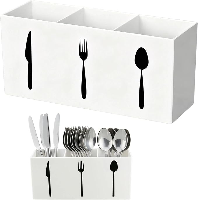 Utensil Holder,Kitchen Countertop Organizer,Silverware Organizer,3 Compartments Silverware Caddy,Plastic Utensil Holder, Large Capacity Cutlery, Spoon, Fork, and Knife Rack (White)