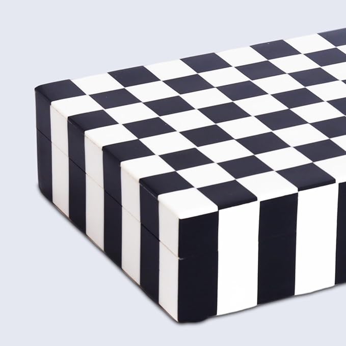 Handicrafts Home Large Decorative Storage Box with Lid – Black and White Coffee Table Storage Box, Remote Control Holder, Keepsake Storage Box for Living Room & Shelf Decor – Puzzle Check 12 x 6 x 2
