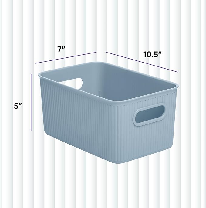 Superio Ribbed Collection - Decorative Plastic Basket Open Home Storage Bins Organizer, Medium Blue (2 Pack) Container Boxes for Organizing Closet Storage Bins for Shelves Drawer Shelf 5 Liter