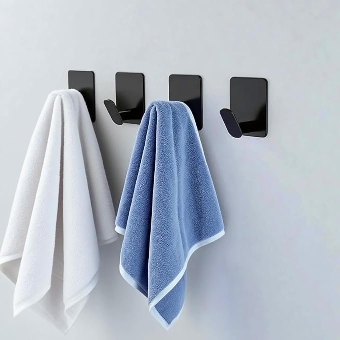 4-Pack Adhesive Hooks for Towels & Coats- Matte Black Stainless Steel Wall Hooks for Bathroom & Kitchen/RV Accessories