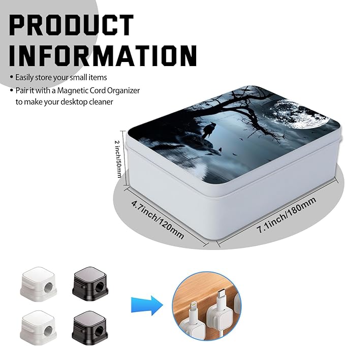 Metal Tin Box with Lid,Multi-functional Storage Large Box Can Store Tea Biscuits Game Cards, Playing & Tarot Cards-Comes with 4 Magnetic Cord Clips,Raven Moonlight Scene