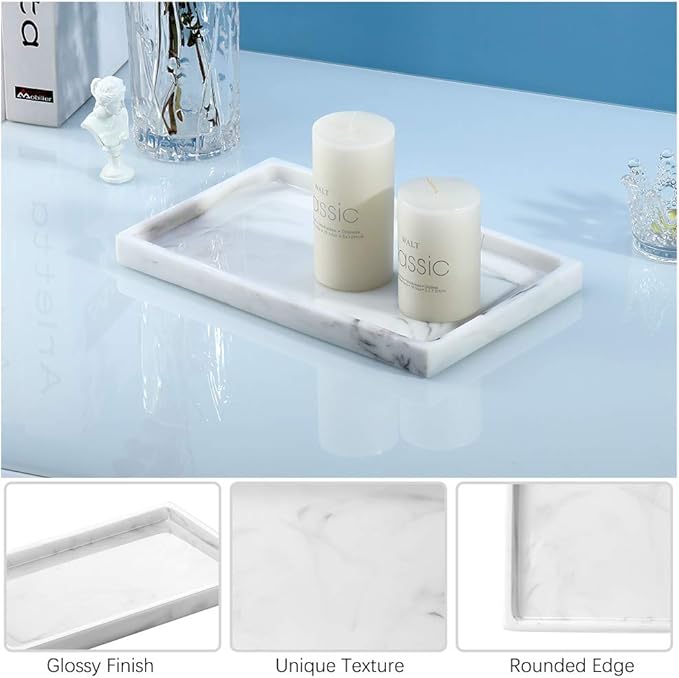 Emibele Bathroom Tray, Resin Countertop Vanity Tray Jewelry Storage Dresser Tray Kitchen Toilet Tank Tray Organizer for Candle Plant Perfume Shampoo Towel Home Decor, Medium, Marble White