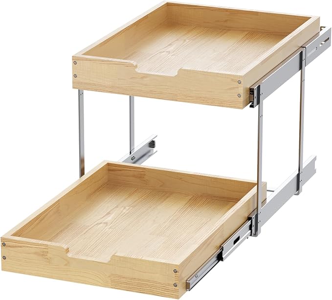 Wood Pull Out Cabinet Organizer 2 Tie 17" W x 21" D, Heavy-Duty Sliding Drawers for Inside Cabinets Storage and Organization for Kitchen, Pantry, Bathroom
