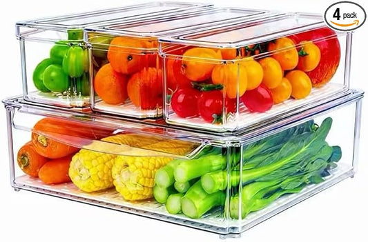 4 Pack Fridge Organizer, Stackable Refrigerator Organizer Bins with Lids, BPA-Free Fridge Organizers and Storage Containers for Fruit, Vegetable, Food, Drinks, Cereals, Clear