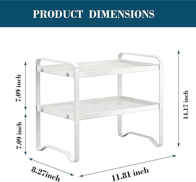 Metal Wire Cabinet Shelf - Multi-Functional Shelf Saver for Kitchen, Pantry, Countertop & Under Cabinet - Storage Solution for Spice Holder, Bookshelf & Cup Display Stand (White, 2-Tier 12" L)