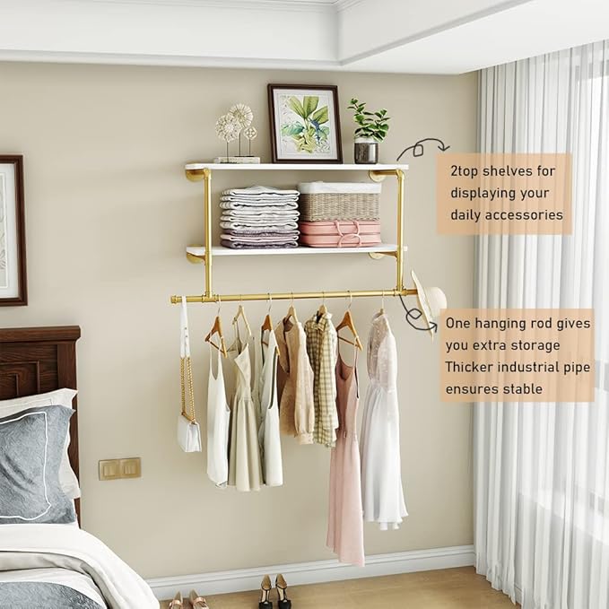 MAIKAILUN Gold Wall Mounted Clothes Rack with 2 Tier Shelves, 42" Long, Heavy Duty Iron and Wood Construction, Ideal for Clothes, Laundry Room