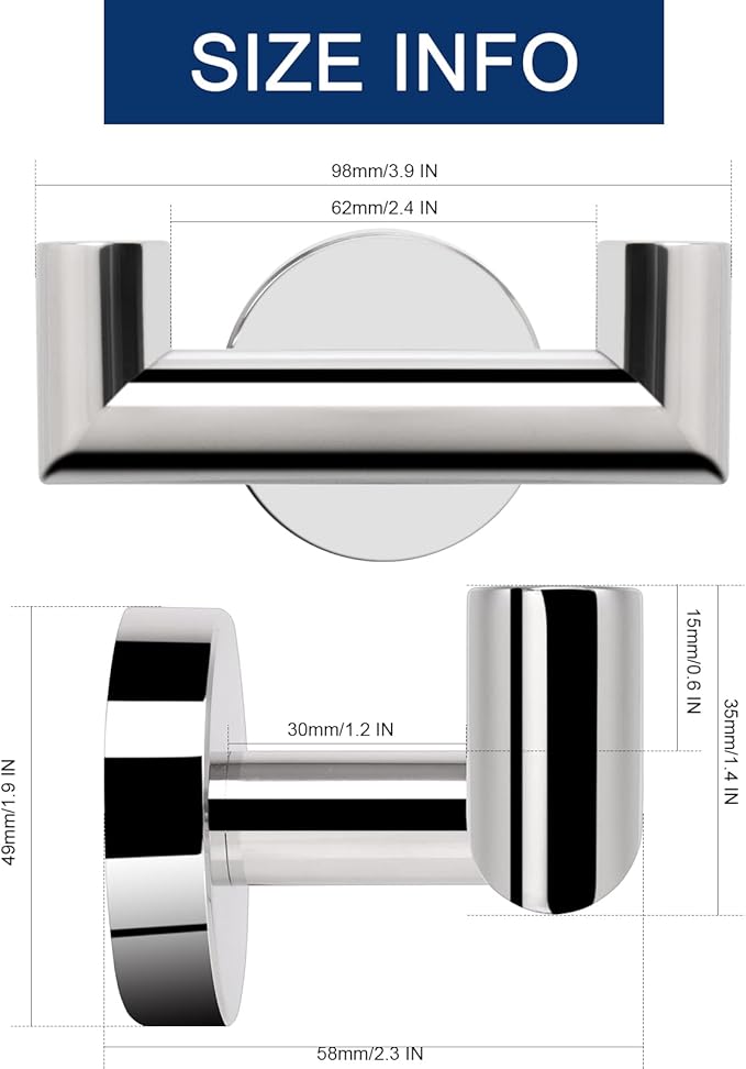 NearMoon Bathroom Double Towel Hook- SUS304 Stainless Steel Robe Towel Holder, Heavy Duty Double Coat Hook for Bathroom Livingroom Kitchen Wall Mounted (Chrome Finish-U, 2 Pack)
