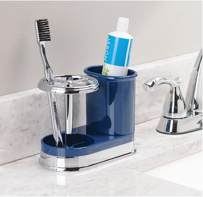 mDesign Decorative Bathroom Dental Storage Organizer Holder Stand for Electric Spin Toothbrush/Toothpaste - Compact Design for Countertop and Vanity, Holds 4 Standard Brushes - Navy Blue/Chrome