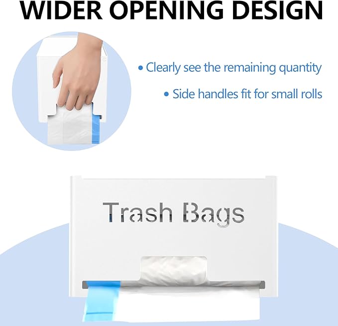 Large Trash Bag Holder Dispenser, Metal Garbage Bag Dispenser Roll Holder, Kitchen Trash Storage Organizer for Under Sink, Wall Mounted or Countertop, White