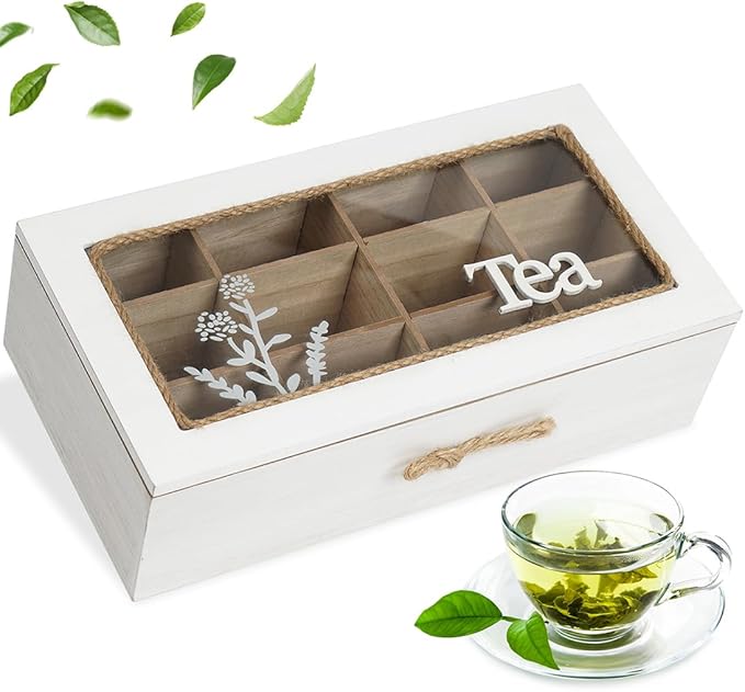 handrong Tea Box,Wood Tea Organizers and Storage,12 Compartments Teas Storage, Rustic Teabag Holder Organizer, Teas organizer for tea bags for Countertop Kitchen Cabinet Pantry