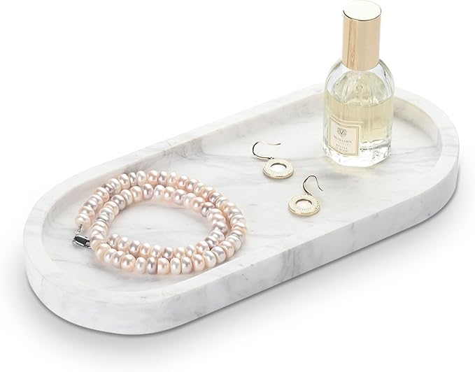 Oval Bathroom Vanity Tray, Large Natural Marble Tray 10 inch, Volakas White Stone Soap Trays, Modern Perfume Trays, Countertop Organizer for Kitchen, Coffee Table, Home Decor