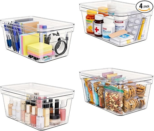 MOONEDGE Small Clear Plastic Storage Bins with Lids and Handles – Stackable Clear Organizer Bins for Refrigerator, Kitchen, Pantry, Bathroom, Closet, Laundry Room, Office – 4 Pack (10×6×5 in)