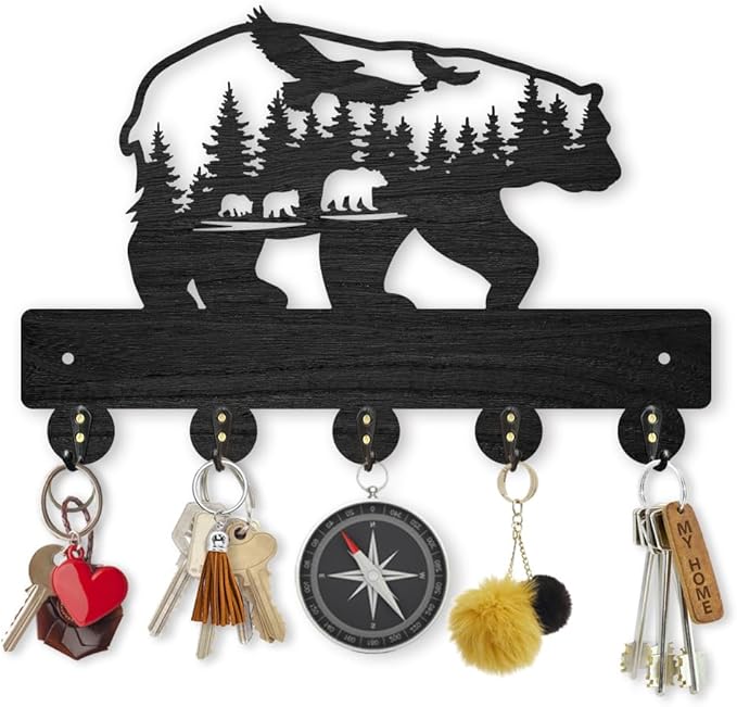 MAYJOYDIY Bear Forest Bird Coat Rack Wall Mount 11.8×7.9inch Bear Wall Art Decor Wildlife Animal Key Holder for Wall Black Wooden Key Hanger Rack 5 Alloy Hooks for Kitchen Bedroom Entryway Gifts