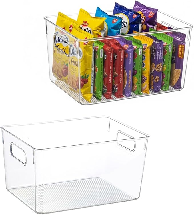Clear Plastic Storage Bins, 2 Pack Pantry Organizer Bins with Handle for Kitchen, Office, Closet, Cabinet, Laundry Room, Freezer, Bathroom & Home Organization