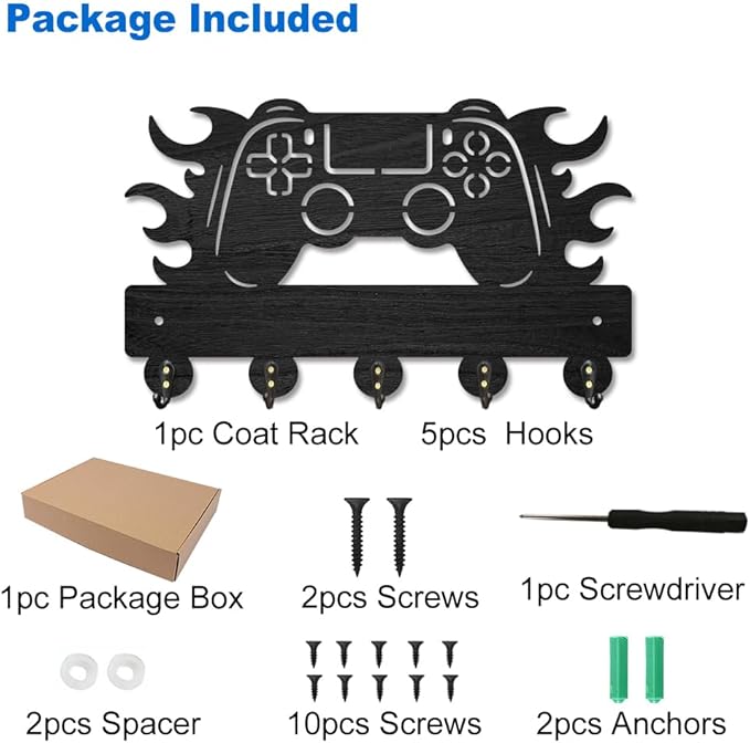 MAYJOYDIY Gamepad Wood Key Holder for Wall Flame Game Controller Key Hooks 11.8×7.1inch Key Hanger Rack with 5 Alloy Hooks for Entryway Front Door Kitchen Office Decoration